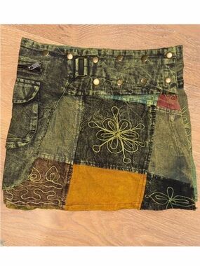 Patchwork Green Embroidered Mini Skirt with Stud Trim
